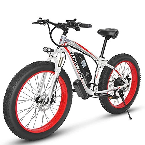 Vélos de montagne électriques : JUYUN Vélo électrique pour Adulte 350W Vélo de Montagne, 26 Pouces Fat Tire Vélo Électrique Batterie au Lithium 48V15Ah Neige Plage Cruiser, Frein à Disque, 21 Vitesse, White Red