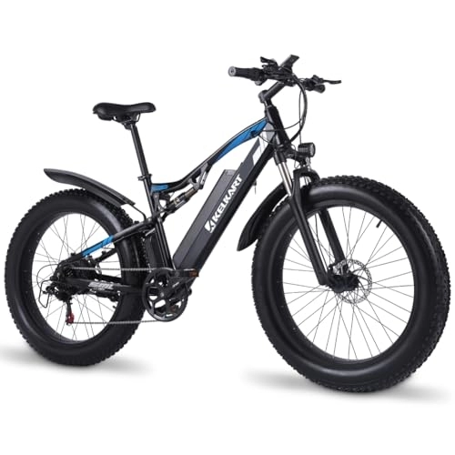 Vélos de montagne électriques : KELKART Vélo électrique Fat Tire à Suspension Totale, Vélo électrique de Montagne 26 Pouces pour Adultes Batterie Lithium ION 48V 17AH, 7 Vitesses, Système de Freinage Hydraulique