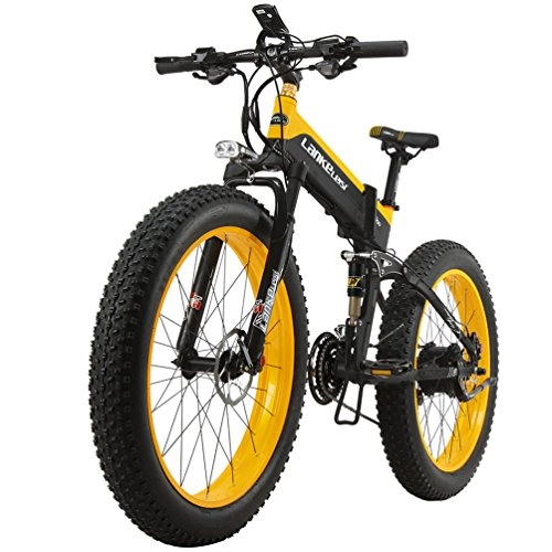 Vélos de montagne électriques : Lankeleisi 1000W Moteur NEUF All-Terrain puissant Vlo lectrique 66cm 4.0Fat 48V10ah Ebike 27Speed Snow VTT pliant Vlo lectrique, noir / jaune