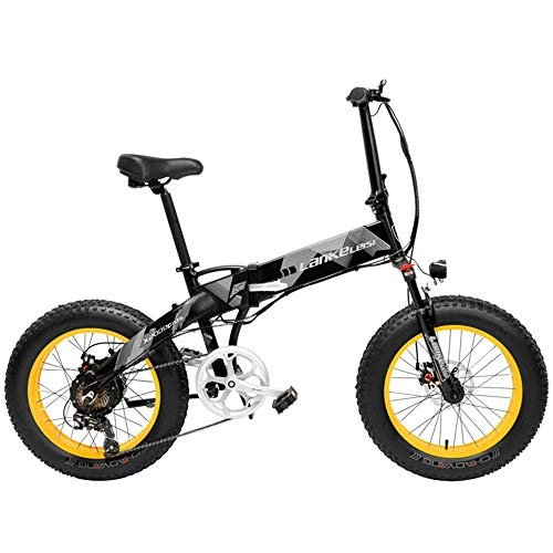 Vélos de montagne électriques : LANKELEISI X2000 20 Pouces Fat Bike Pliant Vélo Électrique 7 Vitesse Neige Vélo 48V 10.4Ah / 14.5Ah 500 W Moteur en Alliage D'aluminium Cadre 5 Pas VTT (Black Yellow, 14.5Ah)
