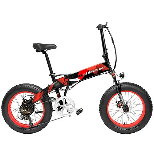 Vélos de montagne électriques : LANKELEISI X2000 20 Pouces Fat Bike Pliant Vélo Électrique 7 Vitesse Neige Vélo 48V 12.8Ah 500 W Moteur en Alliage D'aluminium Cadre 5 Pas VTT. (Noir Rouge, 10.4Ah)