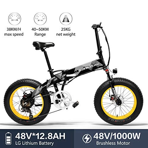 Vélos de montagne électriques : LANKELEISI X2000 20 x 4, 0 Pouces Gros Pneu 48V 1000W 12.8AH Fat Tire Cadre en Alliage d'aluminium Tire vélo électrique Pliable pour Adulte Femme / Homme pour Montagne / Plage / Neige E-Bike (Jaune)