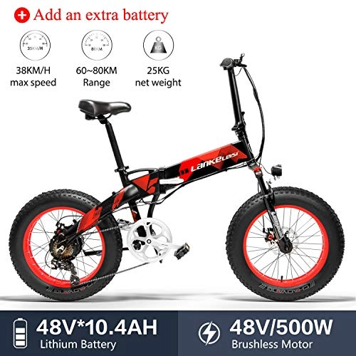 Vélos de montagne électriques : LANKELEISI X2000 20 x 4, 0 Pouces Gros Pneu 48V 500W 10.4AH Fat Tire Cadre en Alliage d'aluminium vélo électrique Pliable pour Adulte Femme / Homme pour Montagne / Plage / Neige(Rouge + 1 Extra Batterie)