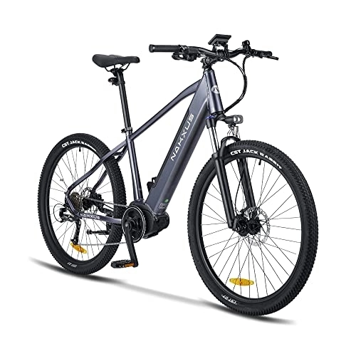 Vélos de montagne électriques : nakxus Vélo électrique 27M202 - Moteur central - Portée maximale : jusqu'à 150 km - VTT tout-terrain avec Shimano 9 vitesses - Vélo électrique de ville pour homme et femme Gris