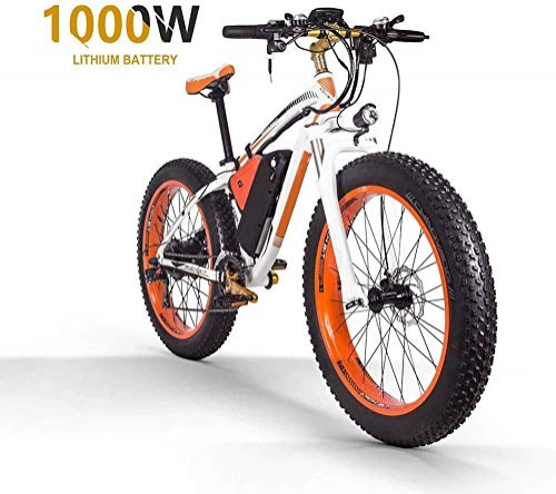 Vélos de montagne électriques : Qinmo Vlo lectrique, 26" Vlo lectrique 1000W VTT, Fat Pneus Commute / Offroad Ebike avec 48V 17.5AH Lithium-ION 27 Speed Gear en Alliage d'aluminium VTT (Color : White Orange)