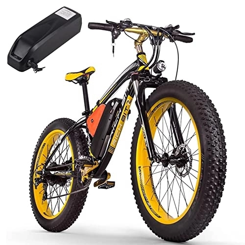 Vélos de montagne électriques : RICH BIT TOP-022 Vélo électrique, 26" Fat Tire E-Bike, Système de freinage à Double Disque VTT électrique pour Adulte, 48 V Batterie au Lithium Snow Mountain Bike, Shimano 21 Vitesses (12.5AH, Jaune)