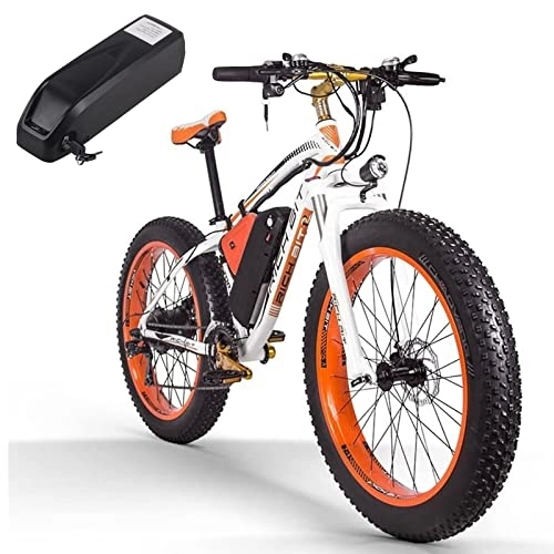 Vélos de montagne électriques : RICH BIT TOP-022 Vélo électrique, 26" Fat Tire E-Bike, Système de freinage à Double Disque VTT électrique pour Adulte, 48 V Batterie au Lithium Snow Mountain Bike, Shimano 21 Vitesses (17AH, Orange)