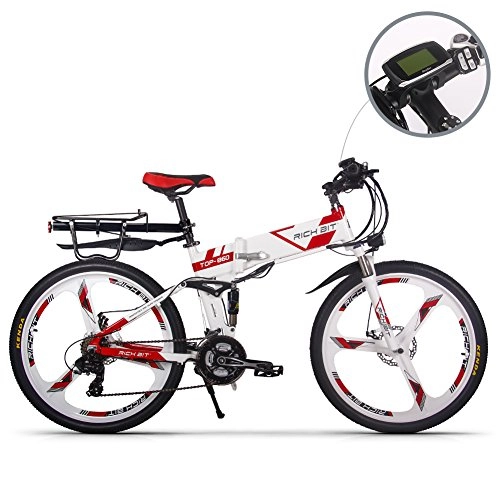 Vélos de montagne électriques : RICH BIT Vlo lectrique 250 W Moteur 36 V * 12, 8 Ah Batterie au Lithium 40-60 km Pliante E-Bike VTT 21 Vitesses Shimano Frein Disque Rouge