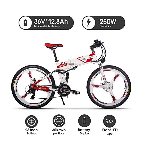 Vélos de montagne électriques : Rich BIT VTT e-Bike rt860, 250W, Batterie 36V 12.8Ah, 26"Pouces, vlo MTB Pliant pour (Rouge)