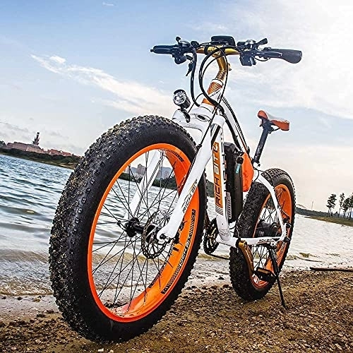Vélos de montagne électriques : RICH BIT Vélo électrique Homme 26 Pouces, 48V 17Ah Batterie Lithium-ION Fat Bike Ebike, VTT électrique Adulte avec Porte-Bagages arrière, Sac, rétroviseurs (Orange)