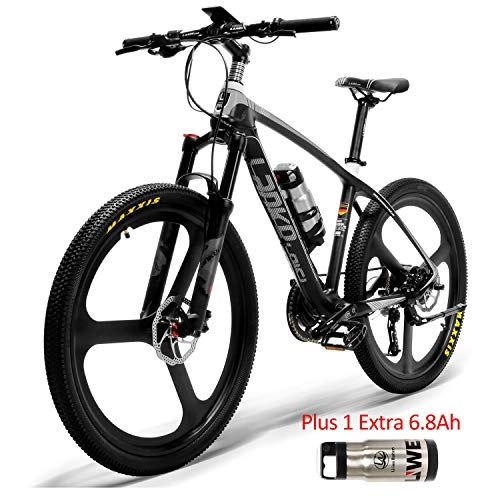 Vélos de montagne électriques : S600 26 pouces 240W Power Assist E-bike Cadre en fibre de carbone pour vélo de montagne, capteur de couple, fourche à suspension verrouillable pour huile et gaz (Noir Blanc Plus 1 Extra 6.8Ah)