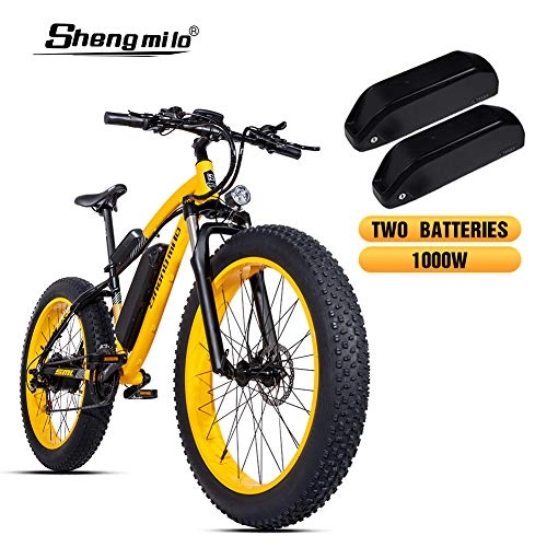 Vélos de montagne électriques : Shengmilo 1000W Motor Vélos électriques 26 Pouces Mountain E-Bike, Vélo Pliant électrique, Fat Tire 4 Pouces, Include 2 Batteries (Jaune)