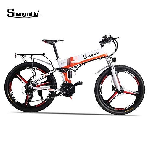 Vélos de montagne électriques : Shengmilo-M80 Vélo De Montagne Électrique Vélo Électrique Pliant De 26 Pouces, Suspension Complète De 48v 13ah Et Vitesse De Shimano 21 avec Tablette Arrière (Pneu à Rayons Blancs 350w)