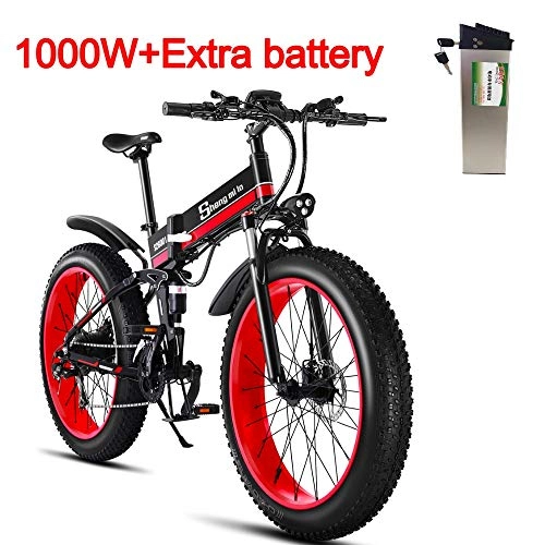 Vélos de montagne électriques : Shengmilo MX01 1000W Gras électrique de vélo de Montagne Frein à Disque hydraulique de 21Speeds 13AH Batterie (Noir (2 Piles))