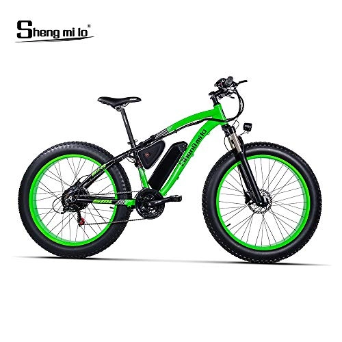 Vélos de montagne électriques : Shengmilo-MX02 Vélo électrique de 26 Pouces, Bicyclette électrique de Neige de Moteur de 48V 1000W, Bicyclette électrique Vitesse Shimano 21, Frein à Disque hydraulique à Batterie au Lithium … (Vert)