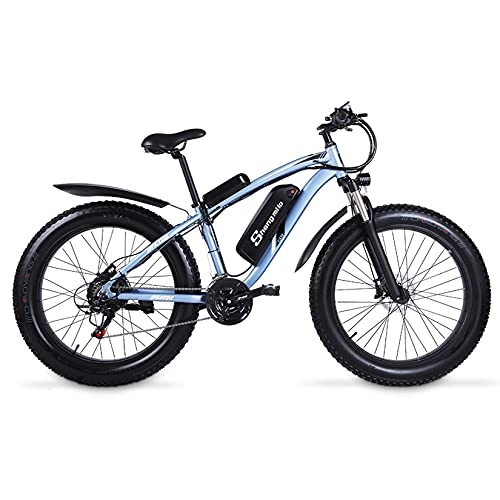 Vélos de montagne électriques : SHENGMILO MX02S Vélo électrique Pliant pour Adulte, vélo électrique à Gros pneus 26 * 4.0 avec Moteur 1000W, Batterie 48V 17AH, Levier de Vitesses 7 / 21 (Bleu, Ajouter Une Batterie de Rechange)