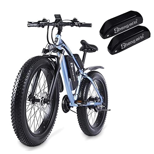 Vélos de montagne électriques : Shengmilo - MX02S Vélo électrique à pneu épais de 66 cm 48 V 1000 W avec moteur Shimano 21 vitesses, vélo électrique de montagne avec pédale, frein à disque hydraulique (deux batteries)