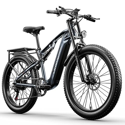 Vélos de montagne électriques : Shengmilo Vélo électrique E 26 Pouces VTT Tout Suspendu Vélo électrique 48V 17.5Ah Batterie 7 Vitesses avec pneus Larges, Frein à Disque mécanique, Porte-Bagages et Cadre en Aluminium