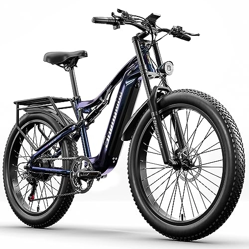 Vélos de montagne électriques : Shengmilo Vélo électrique VTT entièrement Suspendu 26 Pouces E-Bike 48V 15AH Batterie Vélo électrique 7 Vitesses avec Pneu Fat, Frein à Disque mécanique Doubles et Cadre en Aluminium