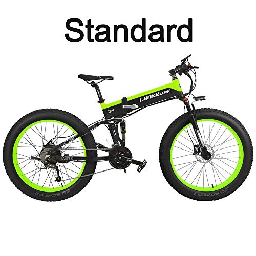 Vélos de montagne électriques : T750Plus 27 vitesses 26 * 4.0 Fat Bike, vélo électrique pliant 1000W 48V 10Ah, batterie au lithium cachée, suspension complète de vélo de neige (Noir Vert, 1000W Standard + 1 batterie épargnée)