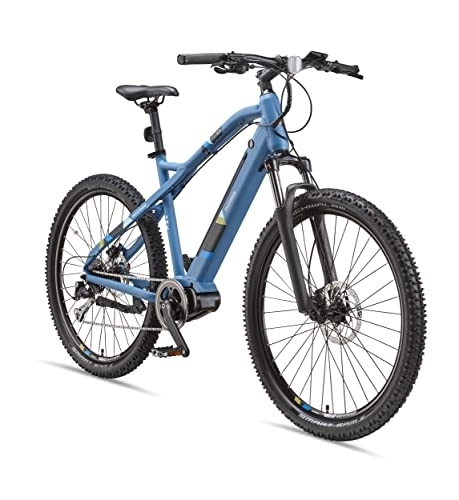 Vélos de montagne électriques : Telefunken Vélo électrique de montagne en aluminium - Dérailleur Shimano Alivio - 9 vitesses - Pedelec VTT 27, 5" - Moteur central, 250 W, freins à disque, bleu, ascenseur M925
