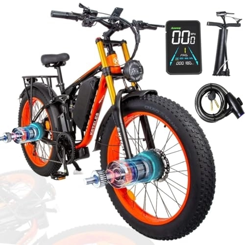 Vélos de montagne électriques : Vikzche Q K800 Pro Vélo électrique Double Moteur 4823Ah Batterie Suspension complète 7 Vitesses Fourche Avant améliorée (Orange)