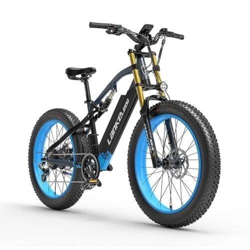 Vélos de montagne électriques : Vikzche Q RV700 Electric Bike16Ah Battery 26 * 4 Fat Tires Full Suspension 7 Speed Gear Dual Hydraulic Disc Brake (Bleu)