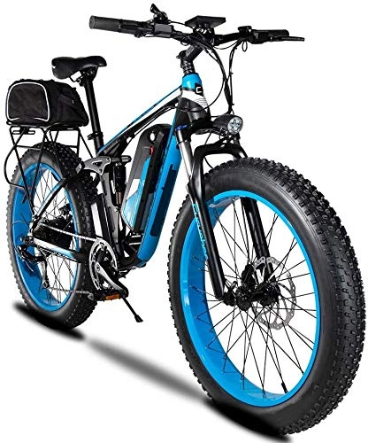 Vélos de montagne électriques : Vélo de Montagne électrique 48V 750W 26 Pouces Fat Tiree-Bike 7 Vitesses Hommes Sports Mountain Bike Full Suspension Batterie au Lithium Freins à Disque hydrauliques, Bleu