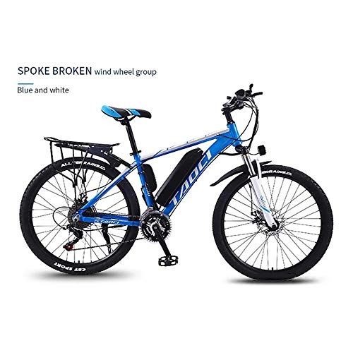 Vélos de montagne électriques : Vélo électrique 26 Pouces avec lumière LED, Batteries Lithium-ION 36V 10Ah 350w, Le Frein arrête automatiquement de fournir de la Puissance et 21 Vitesses, Blue White, Spoke Wheel