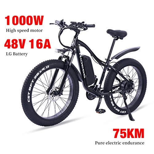 Vélos de montagne électriques : Vélo électrique VTT pour Homme et Femme Fat ebike 26 Pouces 1000W 16Ah LG Batterie Autonomie électrique de 70-80 KM (Noir)