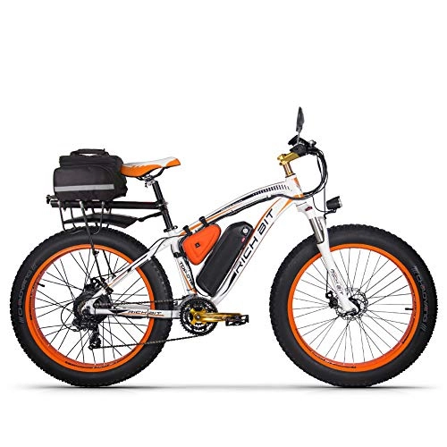 Vélos de montagne électriques : Vélo électrique Vélo de Montagne Ebike, vélo électrique Fat Tire 26"avec Batterie 48V 17Ah / Lithium et Shimano 21 Vitesses (Orange-Plus Blanc)