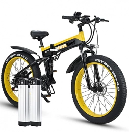 HFRYPShop Bici 26" Fat Bike Elettrica, Batteria Removibile da 2 * 10, 4Ah 48V, Cambio Shimano a 21 Velocità, 85Nm, Doppio Ammortizzatore, Per Adulti, Per Tutti i Terreni (giallo)