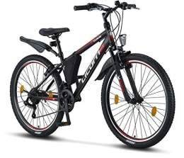Licorne Bike Mountain Bike Licorne Bike - Mountain bike 26” cambio Shimano a 21 marce, forcella ammortizzata, bicicletta per bambini, ragazzi, donne e uomini, con borsa per il telaio, Bambino Uomo, nero / rosso / grigio