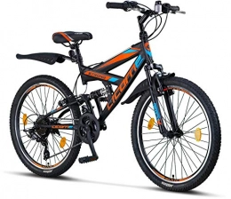 Licorne Bike Bici Licorne Bike Strong V (nero / blu / arancione) mountain bike da 24 pollici full MTB, leva del cambio Shimano a 21 velocità adatta per 8, 9, 10, 11, sospensione completa, bici per bambini