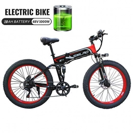 Ti-Fa Bicicleta de montaña eléctrica plegables 1000W 48V Bicicleta elctrica de la Bici de montaña elctrica con 26inch Fat Tire MTB 7 Velocidad E-Bici del Pedal del Freno de Disco hidrulico de Asistencia, Black Red 350w