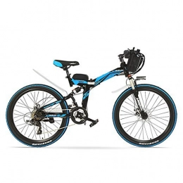 LANKELEISI Bicicleta de montaña eléctrica plegables K660 26 pulgadas E Bike, Motor 48V 12AH 240W, Suspensión completa Marco de acero con alto contenido de carbono, Bicicleta eléctrica plegable, Freno de disco (Azul negro, 240W + 1 Batería ahorrada)
