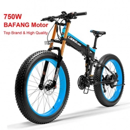 LANKELEISI Bicicleta T750Plus bicicleta de elctrica, bicicleta de nieve con sensor de asistencia a pedales de 5 niveles, batera de ion de litio de 48V 14.5Ah, mejorada a la horquilla de bajada (Black Blue-BF, 750W)