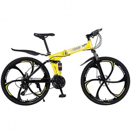 Mrzyzy Bicicleta Bicicleta de montaña Marco de Acero de 21 / 24 / 27 velocidades 26 Pulgadas Ruedas de 6 Rayos Bicicleta Plegable de Doble suspensión Bicicleta de montaña para Adultos (Color : Yellow, Size : 21 Speed)