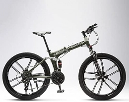 Bicicleta de montaña plegable para hombres y mujeres, para alumnos intermedios, off-road, amortiguador doble, rueda de cuchilla, verde militar, 21 velocidades, 24 pulgadas, frenos de disco