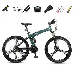 SHIN Bicicleta SHIN Bicicleta de Montaña Plegable, 27 Velocidades, Bicicleta Adulto, 26 Pulgadas Bici para Hombre y Mujerc, MTB con Full Suspension y Freno Disco / Verde
