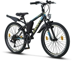 Licorne Bike Bicicleta Licorne Bike Guide Bicicleta de montaña de 24 Pulgadas, Cambio de 21 velocidades, suspensión de Horquilla, Bicicleta Infantil, para Hombre y Mujer, Bolsa para Cuadro, Negro / Azul / Verde Lima