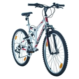 Multibrand Distribution Bicicleta Multibrand Probike Extreme - Bicicleta de montaña de 26 pulgadas con suspensión completa, Shimano de 18 velocidades, para hombre y mujer, a partir de 155 – 180 cm (blanco mate rojo)