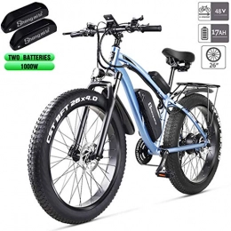 FYHJND Electric Mountain Bike FYHJND Electric Bike 1000W Electric Fat Bike Beach Bike Cruiser Electric Bicycle 48V17ah E-Bike Mountain Bike 26" X 4.0 Fat Tire Suitable for Various Roads Safe And Waterproof, Blue, 48v17ah1000w