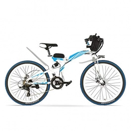 LANKELEISI Electric Mountain Bike LANKELEISI K660 26 Inch Powerful Folding Electric Bicycle, 21 Speed Mountain Bike, 48V 500W Motor, Full Suspension, Front and Rear Disc Brake (White Blue)