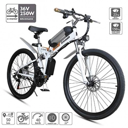 FJW Electric Mountain Bike Unisex Dual Suspension Electric Mountain Bike, 26 inch E-bike High-carbon Steel Pedal Assisted Hybrid Folding Bike with 36V Removable Lithium Battery, Shimano 21 Speed Gear for Commuter City, White