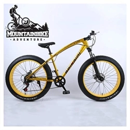 NENGGE Fat Tyre Mountain Bike NENGGE Hardtail Mountain Bike 26 Inch with Mechanical Disc Brakes for Men and Women, Fat Tire Adults Mountain Bicycle, High Carbon Steel & Adjustable Seat & Front Suspension, Gold, 7 Speed