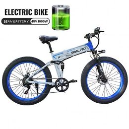 Ti-Fa Folding Electric Mountain Bike 48V 1000W Electric Bike Electric Mountain Bike with 26inch Fat Tire MTB 7 Speed E-bike Pedal Assist Hydraulic Disc Brake, White Blue 1000W