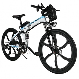Ancheer Folding Electric Mountain Bike ANCHEER Electric Mountain Bike, 26 Inch Folding E-bike with Super Lightweight Magnesium Alloy 6 Spokes Integrated Wheel, Premium Full Suspension and Shimano 21 Speed Gear (Folding - White, Medium)