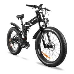 Cyrusher Folding Electric Mountain Bike Cyrusher 26Inch Aluminum Electric Mountain Bike, BANDIT Folding Ebkie 250W 48V17Ah, Full Suspension, 180mm Disc Brakes, 4inch Fat Tires, Suitable for Men and Women (Black)