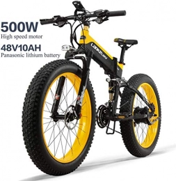 DE-BDBD Electric Bike 26In Tire 500W Motor 48V 10AH Removable Large Capacity Battery Lithium E-Bikes   Snow MTB Folding Electric Bicycle 27 Speed Gear Shimano Shifting System,Yellow